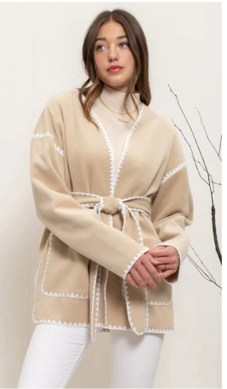 Vici Beige Fleece Scallop White Whipstitch Belted Cardigan Jacket Wrap Large